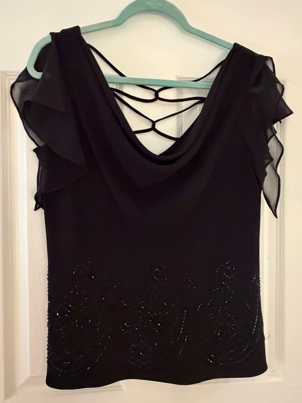 SL Fashions Black Beaded Cowl Neck Flutter Sleeve Top